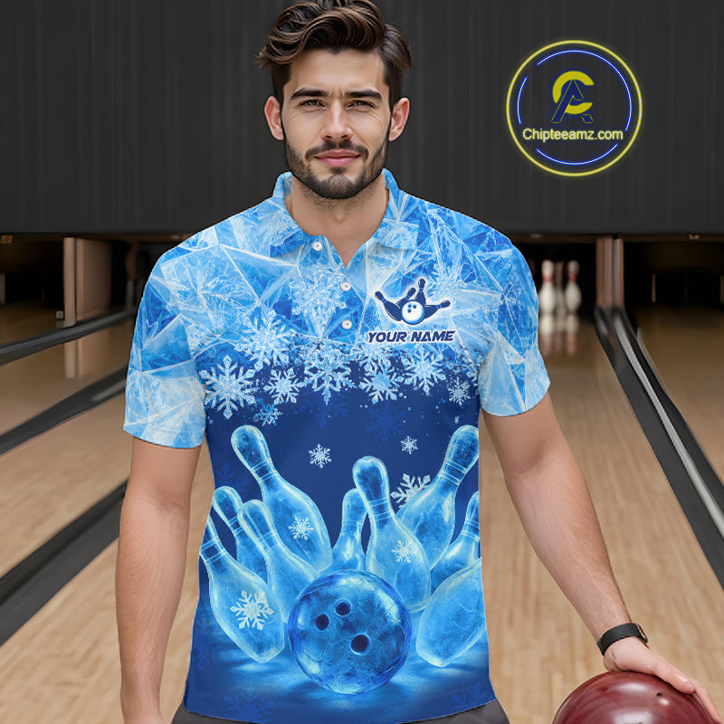 Blue Winter Bowling 1/4 Zip Polo Shirt Custom Name – Ice Bowling Ball Performance Jersey For Men NHT1341