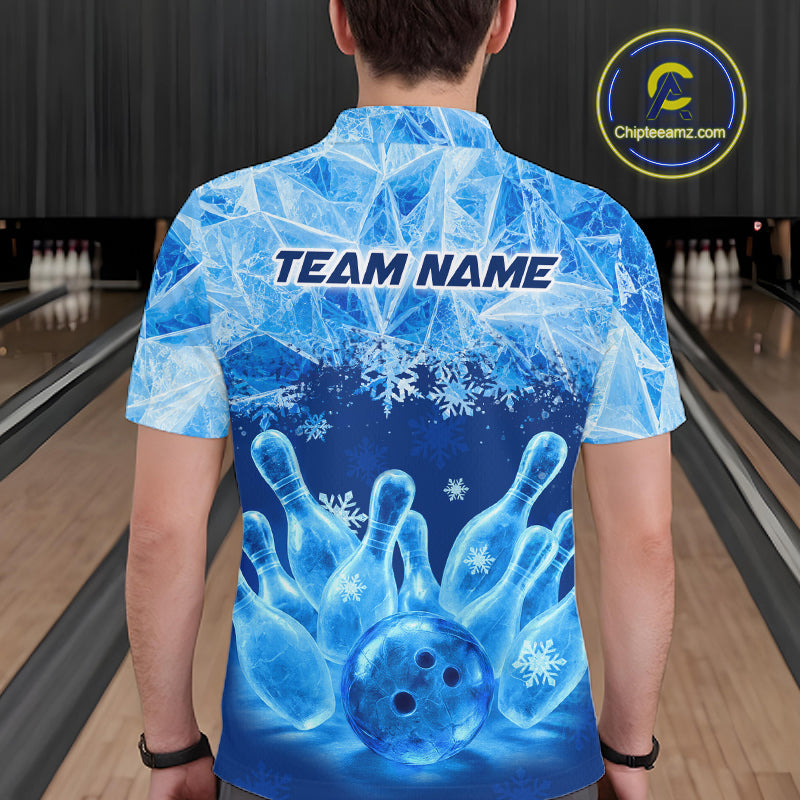 Blue Winter Bowling 1/4 Zip Polo Shirt Custom Name – Ice Bowling Ball Performance Jersey For Men NHT1341