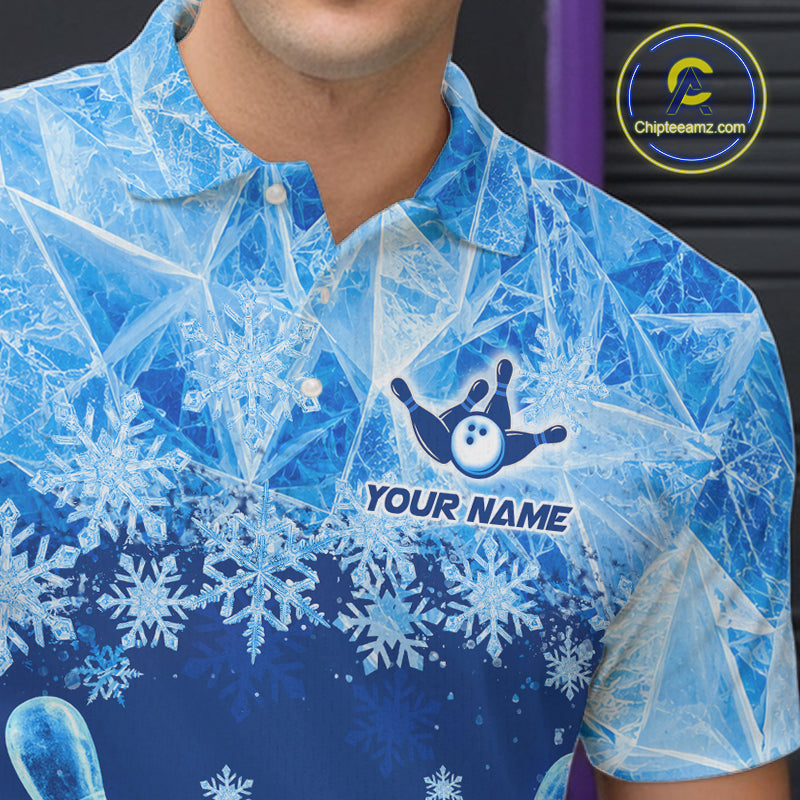 Blue Winter Bowling 1/4 Zip Polo Shirt Custom Name – Ice Bowling Ball Performance Jersey For Men NHT1341