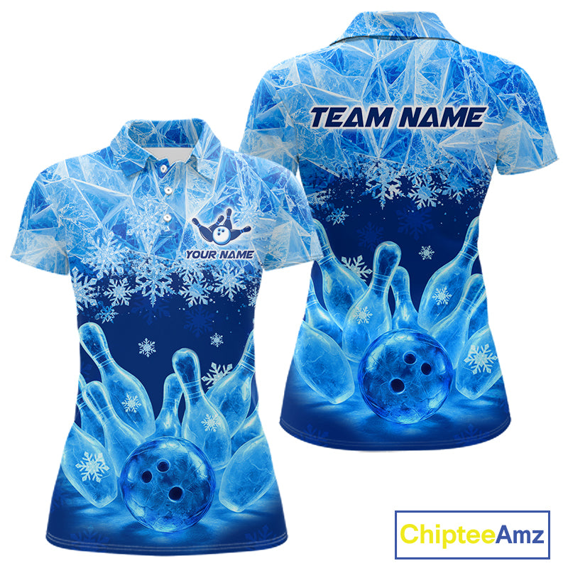 Blue Winter Bowling 1/4 Zip Polo Shirt Custom Name – Ice Bowling Ball Performance Jersey For Women NHT1341