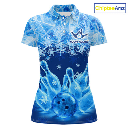 Blue Winter Bowling 1/4 Zip Polo Shirt Custom Name – Ice Bowling Ball Performance Jersey For Women NHT1341