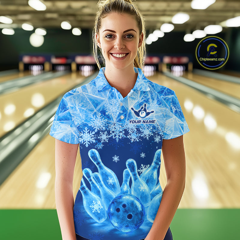 Blue Winter Bowling 1/4 Zip Polo Shirt Custom Name – Ice Bowling Ball Performance Jersey For Women NHT1341