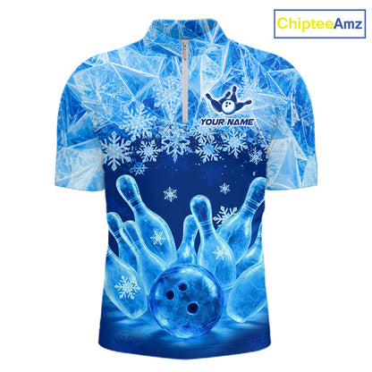 Blue Winter Bowling 1/4 Zip Polo Shirt Custom Name – Ice Bowling Ball Performance Jersey For Men NHT1341
