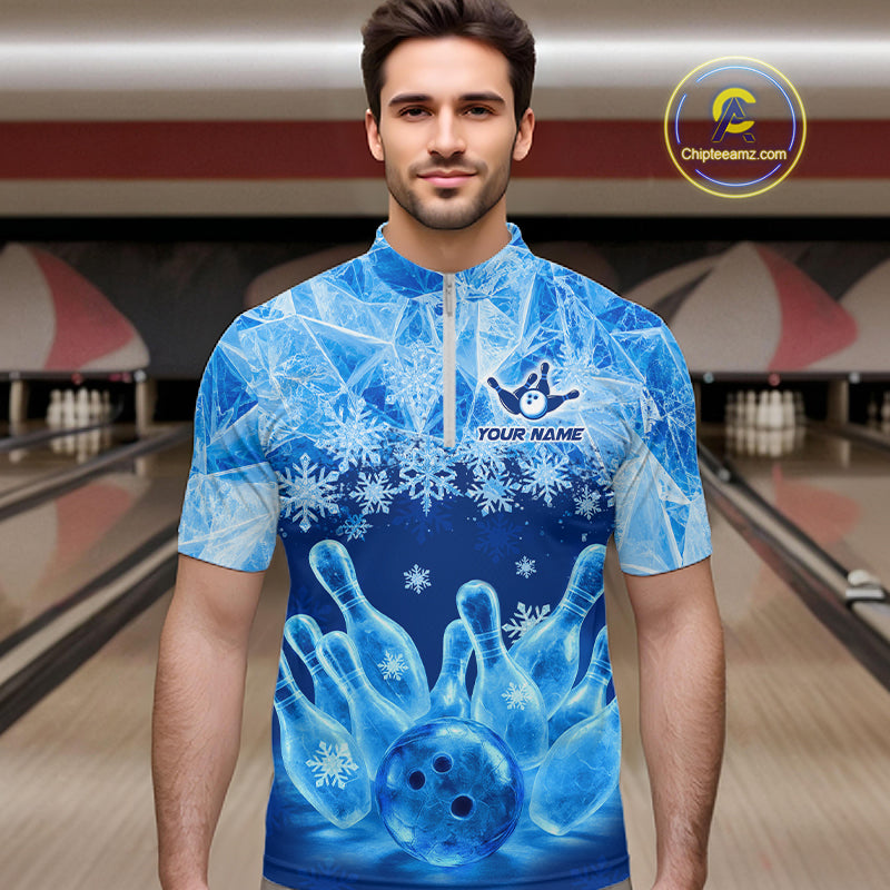 Blue Winter Bowling 1/4 Zip Polo Shirt Custom Name – Ice Bowling Ball Performance Jersey For Men NHT1341