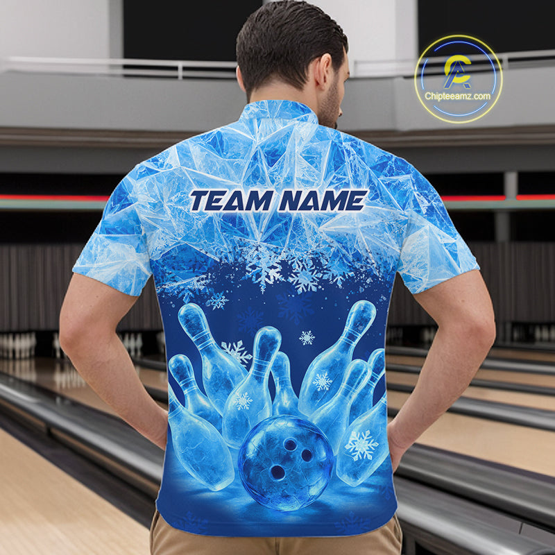 Blue Winter Bowling 1/4 Zip Polo Shirt Custom Name – Ice Bowling Ball Performance Jersey For Men NHT1341