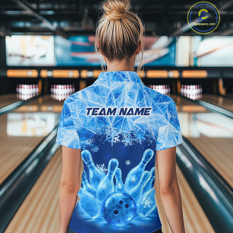 Blue Winter Bowling 1/4 Zip Polo Shirt Custom Name – Ice Bowling Ball Performance Jersey For Women NHT1341