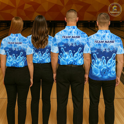 Blue Winter Bowling 1/4 Zip Polo Shirt Custom Name – Ice Bowling Ball Performance Jersey For Women NHT1341