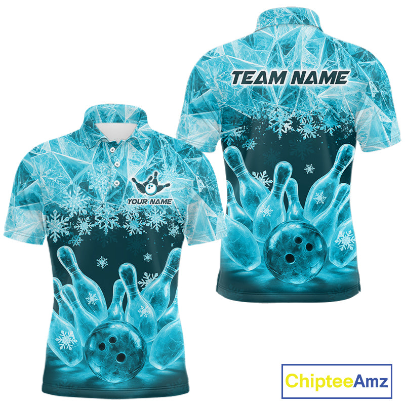 Turquoise Winter Bowling 1/4 Zip Polo Shirt Custom Name – Ice Bowling Ball Performance Jersey For Men NHT1342