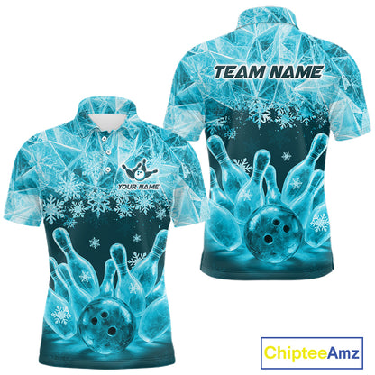 Turquoise Winter Bowling 1/4 Zip Polo Shirt Custom Name – Ice Bowling Ball Performance Jersey For Men NHT1342