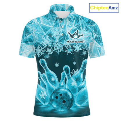 Turquoise Winter Bowling 1/4 Zip Polo Shirt Custom Name – Ice Bowling Ball Performance Jersey For Men NHT1342