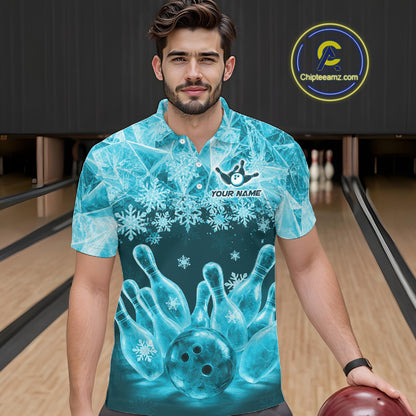 Turquoise Winter Bowling 1/4 Zip Polo Shirt Custom Name – Ice Bowling Ball Performance Jersey For Men NHT1342