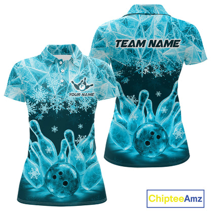 Turqouise Winter Bowling 1/4 Zip Polo Shirt Custom Name – Ice Bowling Ball Performance Jersey For Women NHT1342