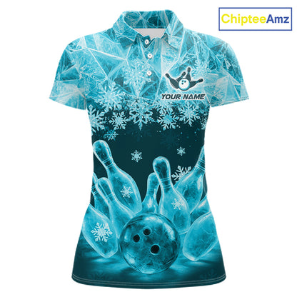 Turqouise Winter Bowling 1/4 Zip Polo Shirt Custom Name – Ice Bowling Ball Performance Jersey For Women NHT1342