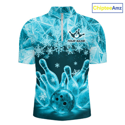 Turquoise Winter Bowling 1/4 Zip Polo Shirt Custom Name – Ice Bowling Ball Performance Jersey For Men NHT1342