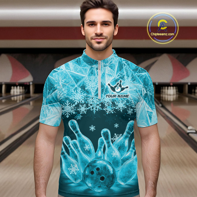 Turquoise Winter Bowling 1/4 Zip Polo Shirt Custom Name – Ice Bowling Ball Performance Jersey For Men NHT1342