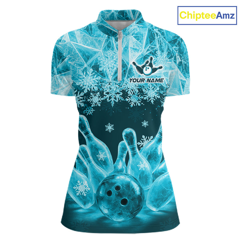 Turqouise Winter Bowling 1/4 Zip Polo Shirt Custom Name – Ice Bowling Ball Performance Jersey For Women NHT1342