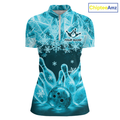 Turqouise Winter Bowling 1/4 Zip Polo Shirt Custom Name – Ice Bowling Ball Performance Jersey For Women NHT1342