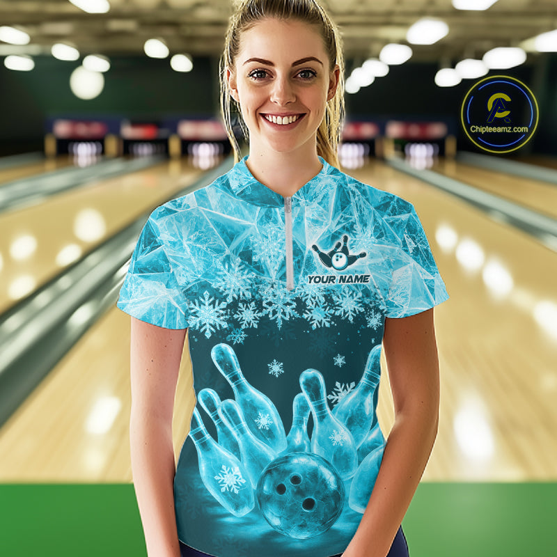 Turqouise Winter Bowling 1/4 Zip Polo Shirt Custom Name – Ice Bowling Ball Performance Jersey For Women NHT1342