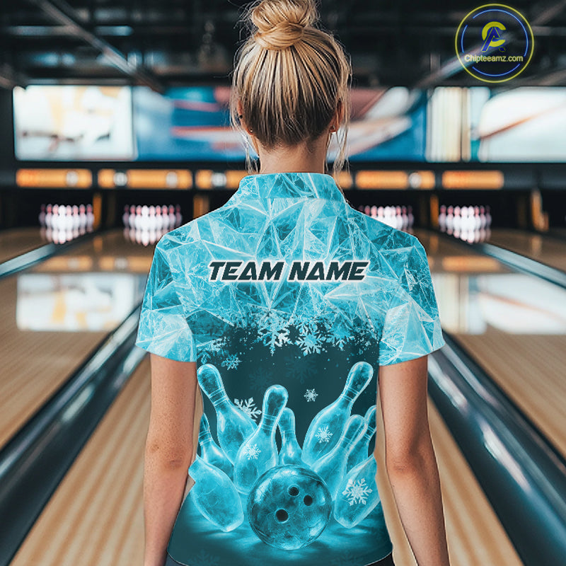 Turqouise Winter Bowling 1/4 Zip Polo Shirt Custom Name – Ice Bowling Ball Performance Jersey For Women NHT1342
