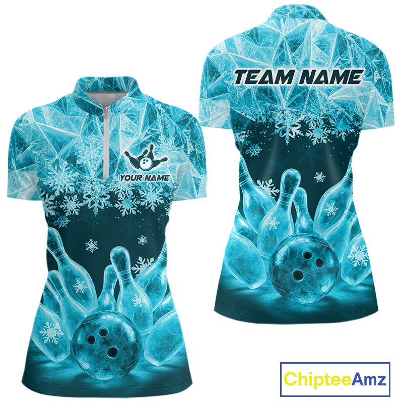 Turqouise Winter Bowling 1/4 Zip Polo Shirt Custom Name – Ice Bowling Ball Performance Jersey For Women NHT1342