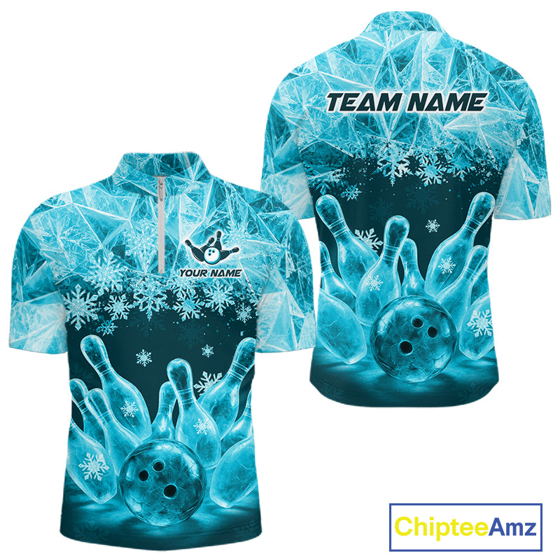 Turquoise Winter Bowling 1/4 Zip Polo Shirt Custom Name – Ice Bowling Ball Performance Jersey For Men NHT1342