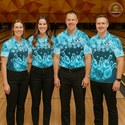Turqouise Winter Bowling 1/4 Zip Polo Shirt Custom Name – Ice Bowling Ball Performance Jersey For Women NHT1342