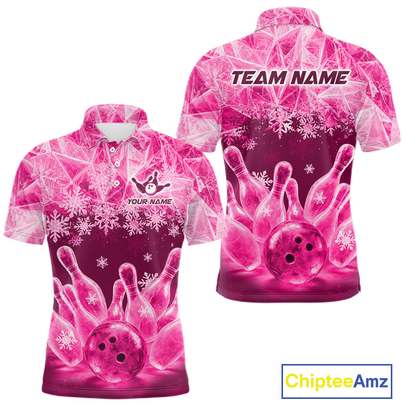 Pink Winter Bowling 1/4 Zip Polo Shirt Custom Name – Ice Bowling Ball Performance Jersey For Men NHT1343