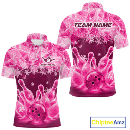 Pink Winter Bowling 1/4 Zip Polo Shirt Custom Name – Ice Bowling Ball Performance Jersey For Men NHT1343