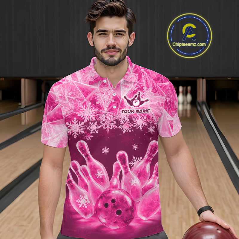 Pink Winter Bowling 1/4 Zip Polo Shirt Custom Name – Ice Bowling Ball Performance Jersey For Men NHT1343