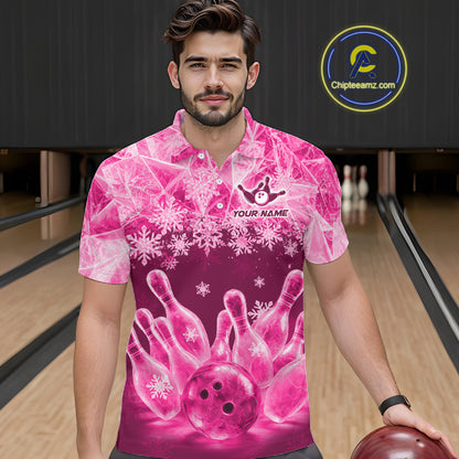 Pink Winter Bowling 1/4 Zip Polo Shirt Custom Name – Ice Bowling Ball Performance Jersey For Men NHT1343