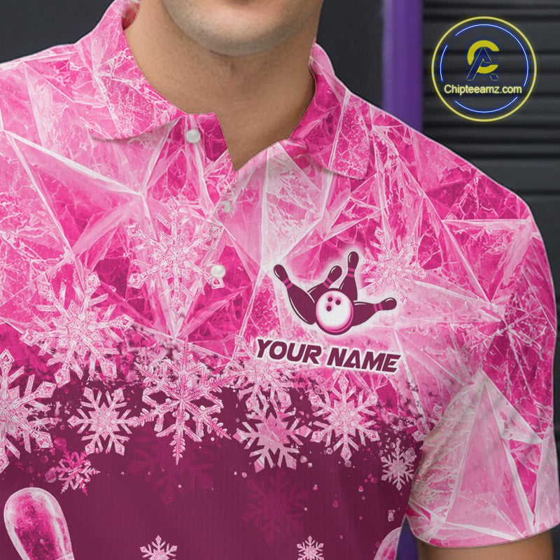 Pink Winter Bowling 1/4 Zip Polo Shirt Custom Name – Ice Bowling Ball Performance Jersey For Men NHT1343