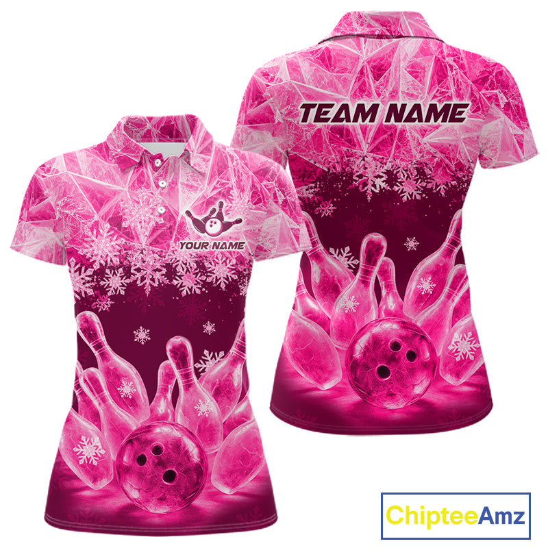Pink Winter Bowling 1/4 Zip Polo Shirt Custom Name – Ice Bowling Ball Performance Jersey For Women NHT1343