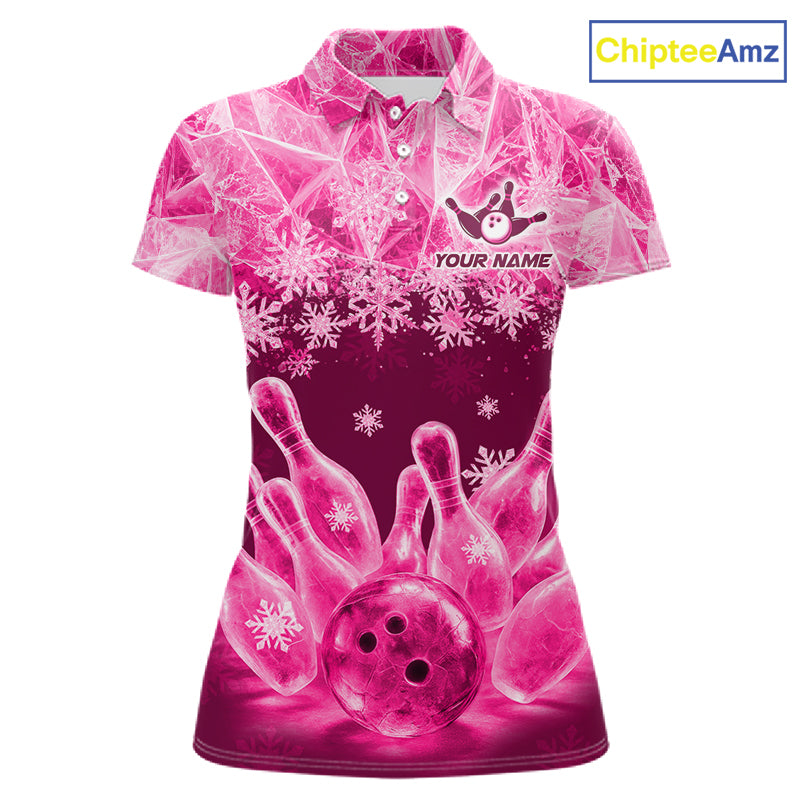 Pink Winter Bowling 1/4 Zip Polo Shirt Custom Name – Ice Bowling Ball Performance Jersey For Women NHT1343