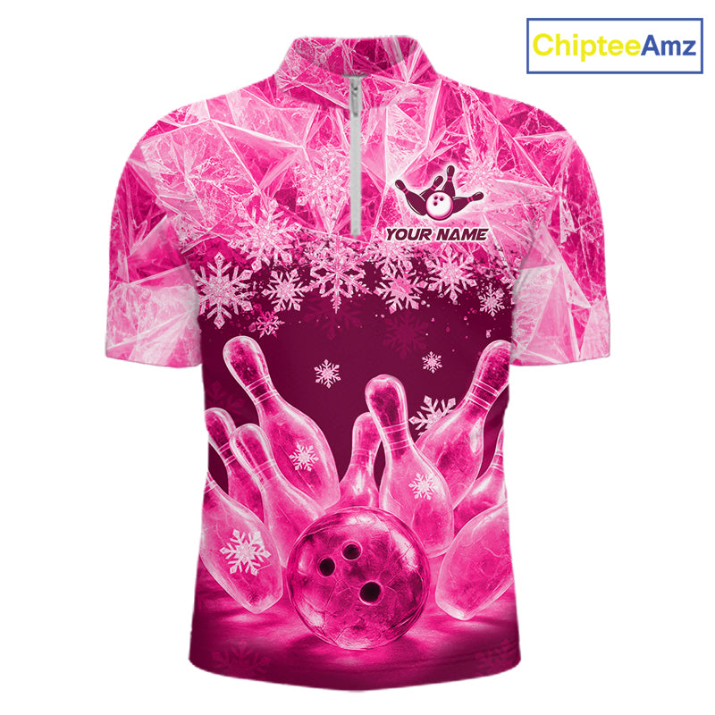 Pink Winter Bowling 1/4 Zip Polo Shirt Custom Name – Ice Bowling Ball Performance Jersey For Men NHT1343
