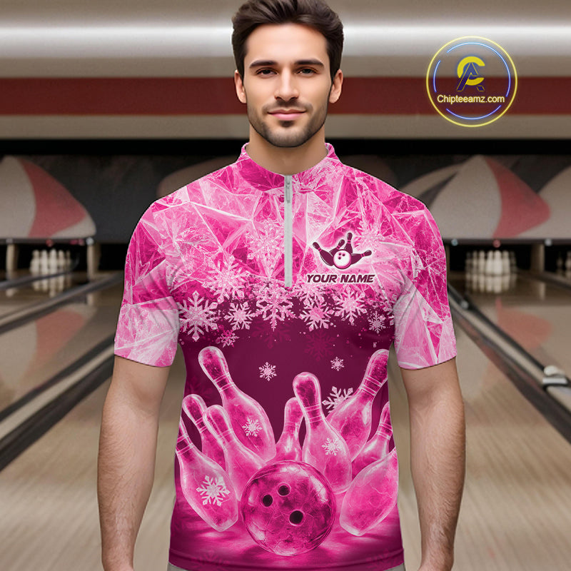 Pink Winter Bowling 1/4 Zip Polo Shirt Custom Name – Ice Bowling Ball Performance Jersey For Men NHT1343