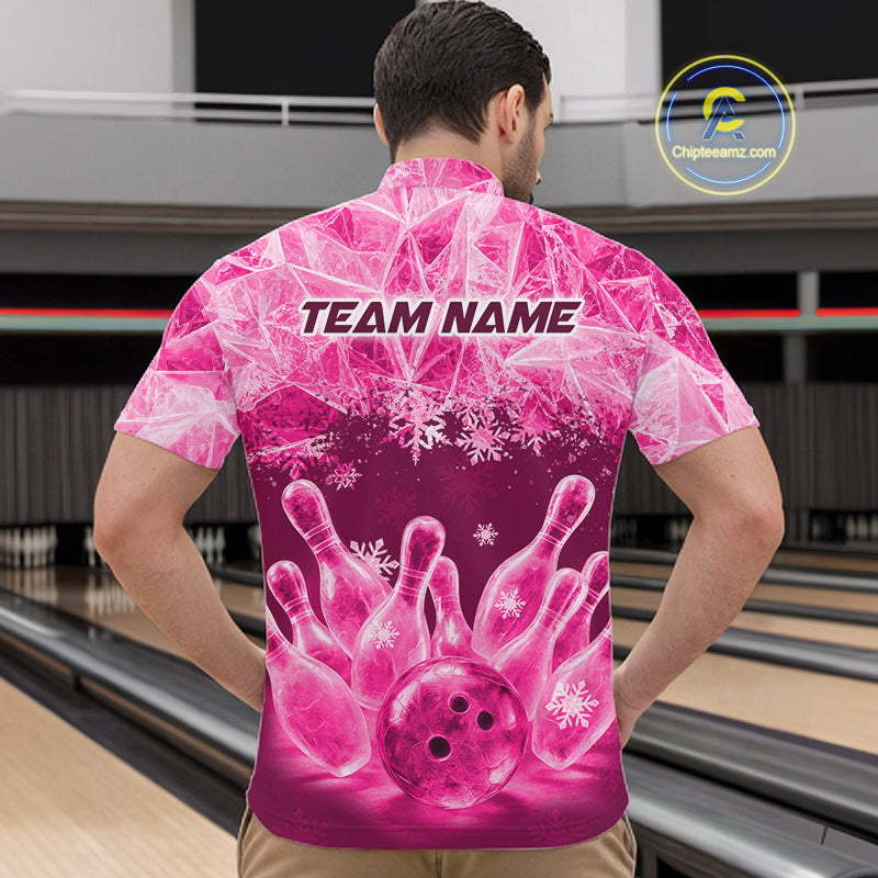 Pink Winter Bowling 1/4 Zip Polo Shirt Custom Name – Ice Bowling Ball Performance Jersey For Men NHT1343