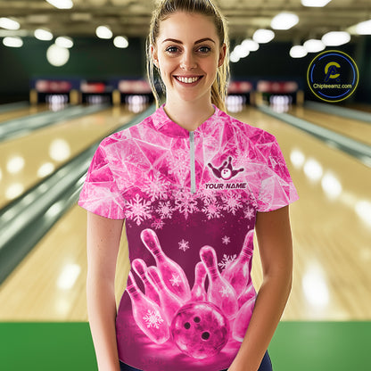 Pink Winter Bowling 1/4 Zip Polo Shirt Custom Name – Ice Bowling Ball Performance Jersey For Women NHT1343