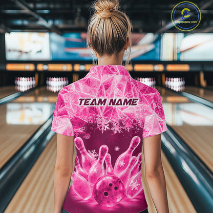 Pink Winter Bowling 1/4 Zip Polo Shirt Custom Name – Ice Bowling Ball Performance Jersey For Women NHT1343