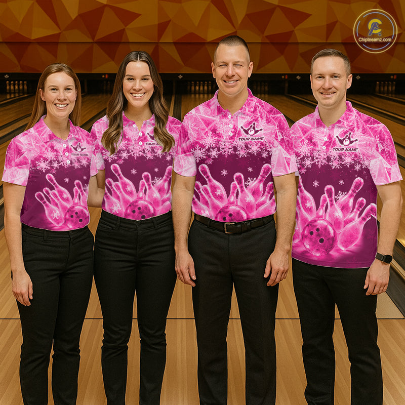 Pink Winter Bowling 1/4 Zip Polo Shirt Custom Name – Ice Bowling Ball Performance Jersey For Women NHT1343
