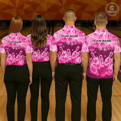 Pink Winter Bowling 1/4 Zip Polo Shirt Custom Name – Ice Bowling Ball Performance Jersey For Women NHT1343