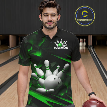 Personalized Bowling 1/4 Quarter Zip Polo Green Black Bowling Ball Jersey For Men NHT1344