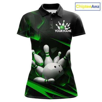 Personalized Bowling 1/4 Quarter Zip Polo Green Black Bowling Ball Jersey For Women NHT1344