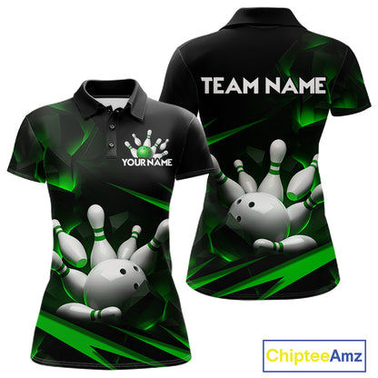 Personalized Bowling 1/4 Quarter Zip Polo Green Black Bowling Ball Jersey For Women NHT1344