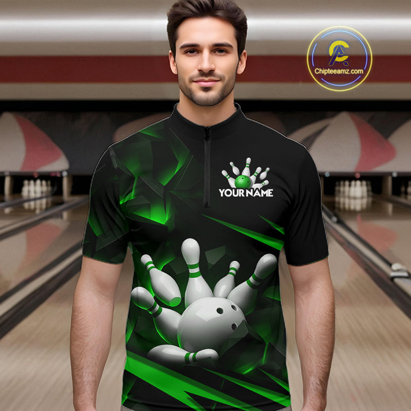Personalized Bowling 1/4 Quarter Zip Polo Green Black Bowling Ball Jersey For Men NHT1344