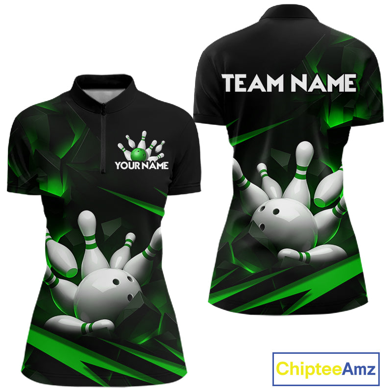 Personalized Bowling 1/4 Quarter Zip Polo Green Black Bowling Ball Jersey For Women NHT1344
