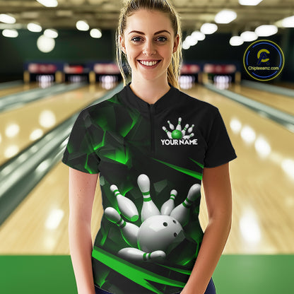Personalized Bowling 1/4 Quarter Zip Polo Green Black Bowling Ball Jersey For Women NHT1344