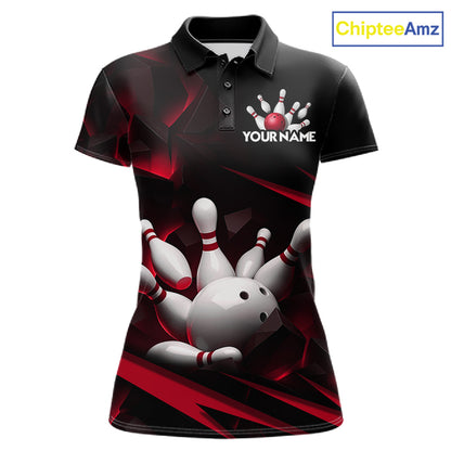 Personalized Bowling 1/4 Quarter Zip Polo Red Black Bowling Ball Jersey For Women NHT1345