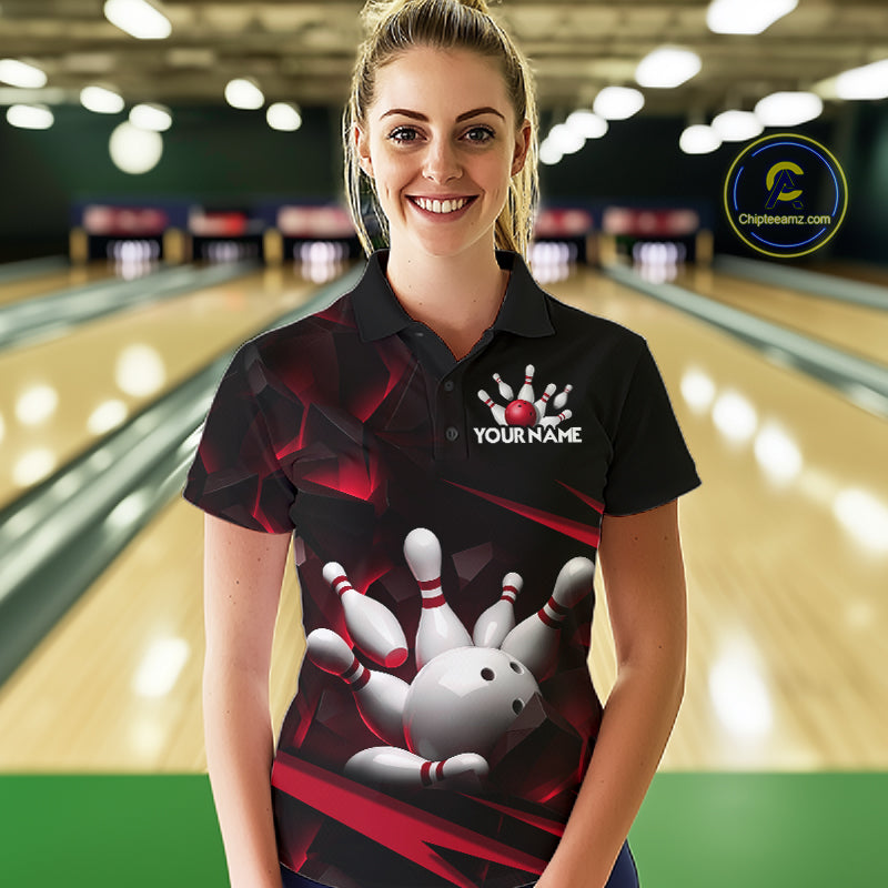 Personalized Bowling 1/4 Quarter Zip Polo Red Black Bowling Ball Jersey For Women NHT1345