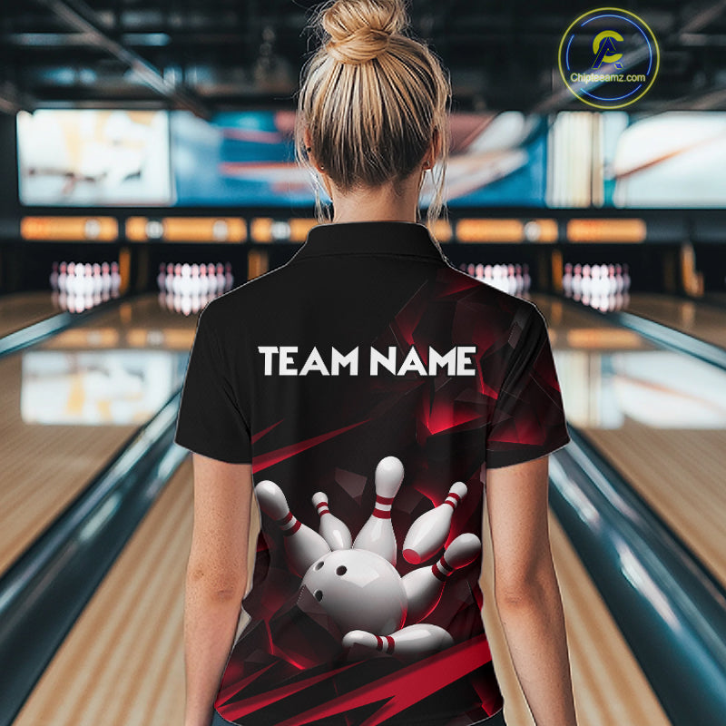 Personalized Bowling 1/4 Quarter Zip Polo Red Black Bowling Ball Jersey For Women NHT1345