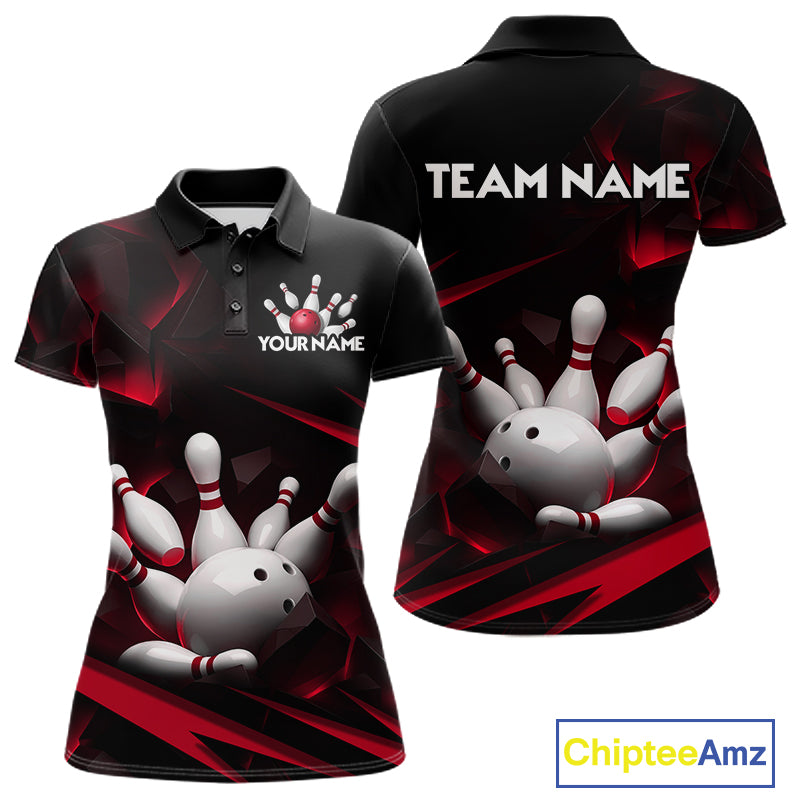 Personalized Bowling 1/4 Quarter Zip Polo Red Black Bowling Ball Jersey For Women NHT1345
